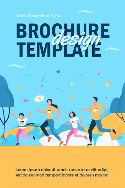 Free Vector dad, mom and kids running together in park isolated flyer template