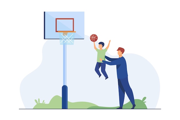 Free Vector dad playing basketball with little son. father helping boy to throw ball into basket flat illustration