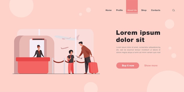 Dad and son standing at counter in airport landing page in flat style