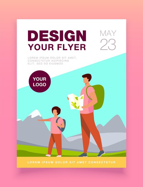 Dad and son with backpacks walking outdoors flyer template