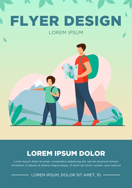 Free Vector dad and son with backpacks walking outdoors. tourists with map trekking in mountains flat vector illustration. vacation, family travel, hiking concept for banner, website design or landing web page