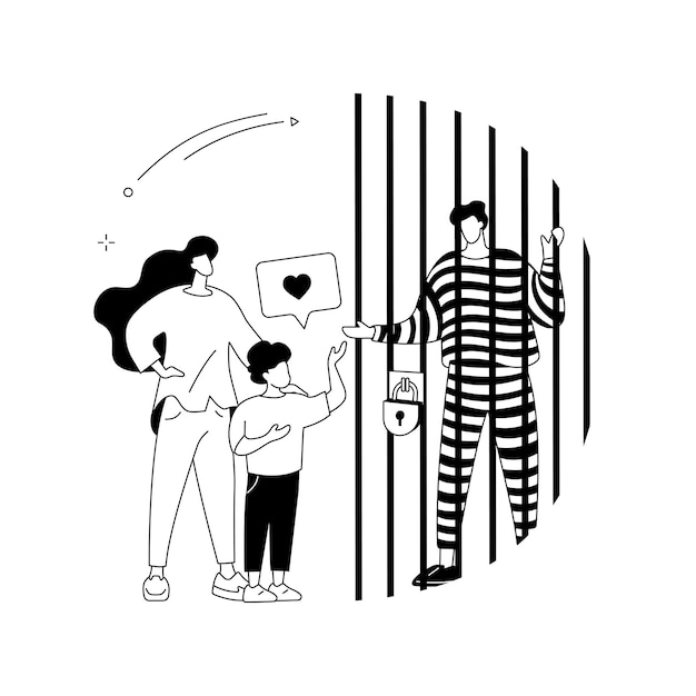 Dads in prison abstract concept vector illustration Fathers in prison family instability incarcerated dad hand in jail striped costumes in court child visiting relative abstract metaphor