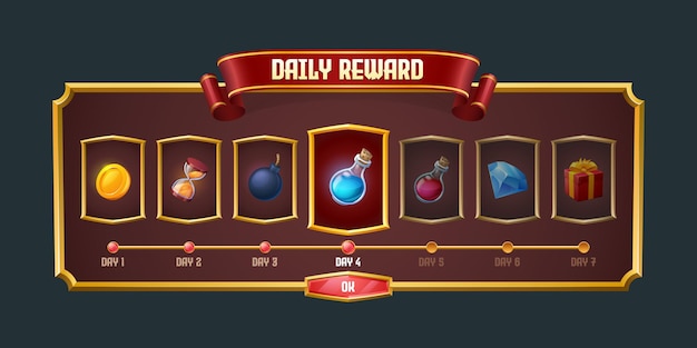 Daily game reward graphic interface, menu panel