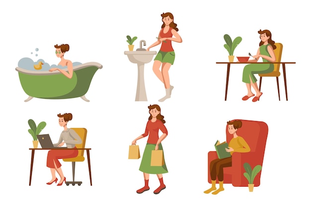 Free Vector daily life of working woman vector illustrations set. everyday life of female character: morning routine, work, leisure, hobby isolated on white background. daily routine, lifestyle concept