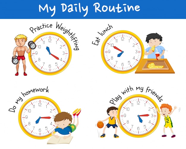 Daily routine for different people with yellow clocks