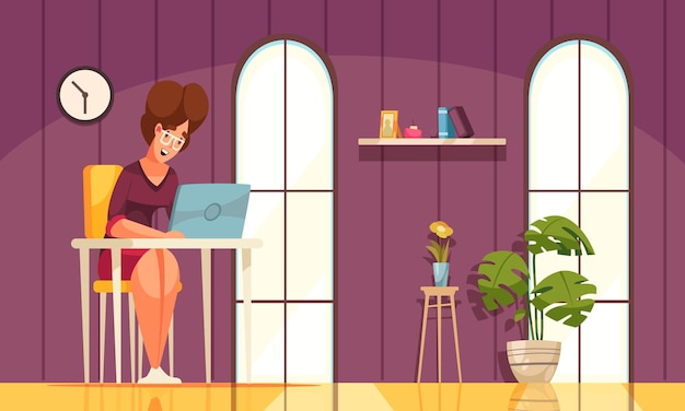 Daily routine flat background with glad female character working remote at home cartoon illustration