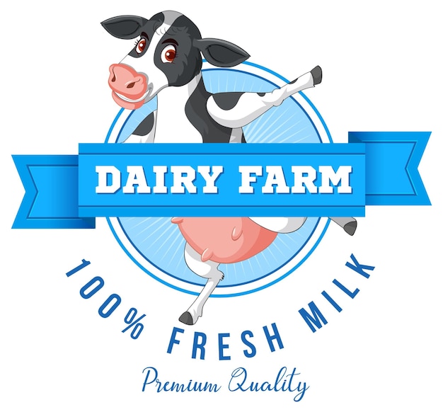 Free Vector dairy farm label logo with a dairy cow cartoon