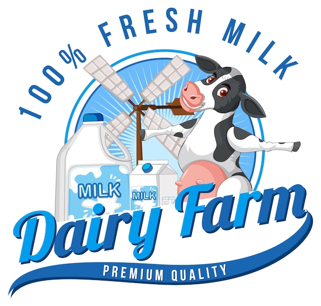 Dairy farm word logo with a dairy cow cartoon