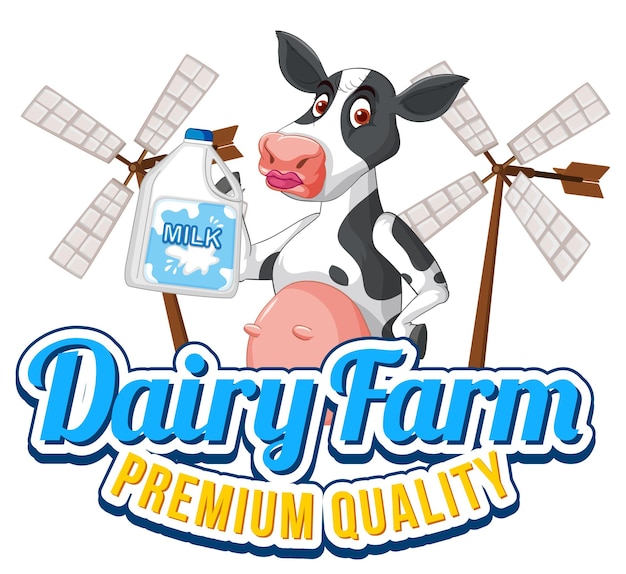 Dairy farm word logo with a dairy cow cartoon