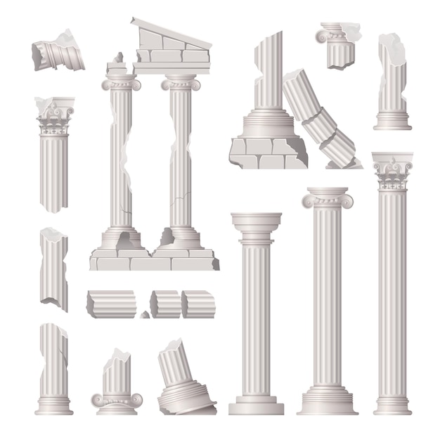 Free Vector damaged ancient greek columns ruins realistic set isolated vector illustration