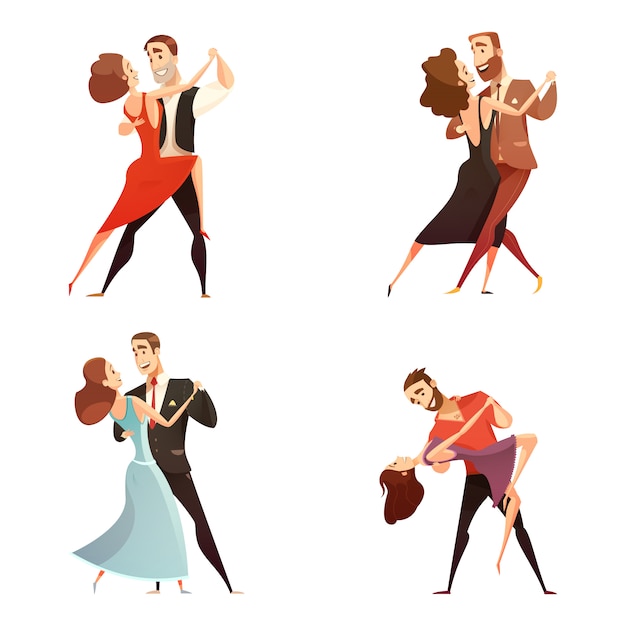 Dance pair retro cartoon set of men and women dancing together