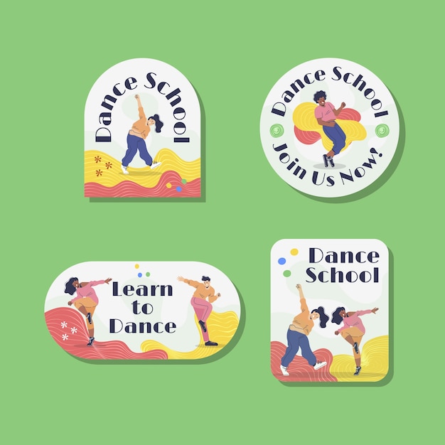 Dance school hand drawn flat labels or badges