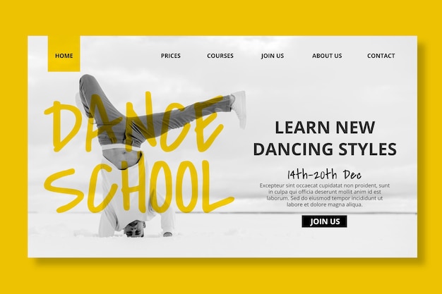 Dance school landing page template with male dancer