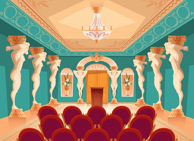 dancing hall with atlas pillars and armchairs for audience, spectators.