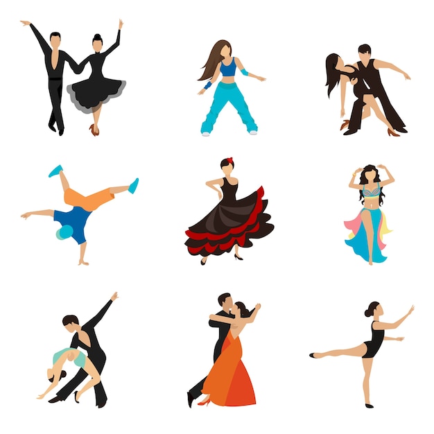 Dancing styles flat icons set. Partner dance waltz, performer tango, woman and man. 