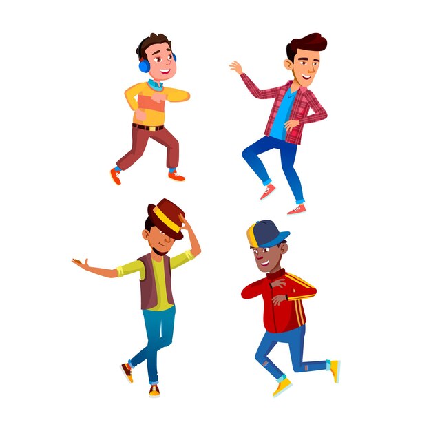 Dancing Teens Boys Joyful Performance Set Vector