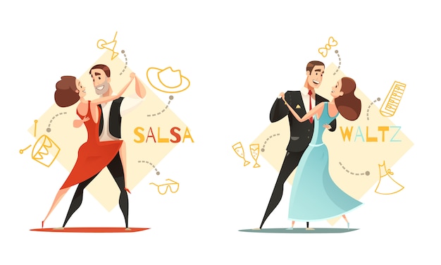 Free vector dancing waltz and salsa couples 2 retro cartoon templates with traditional outlined accessories icon