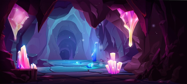 Dark cave with blue and pink shining crystal clusters in stone walls Cartoon vector diamond mine or dungeon for game path or level Rocky tunnel with glittering treasure mineral resources from inside