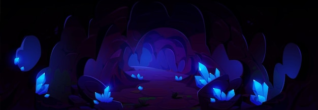 Free vector dark cave with blue shining gem crystal clusters