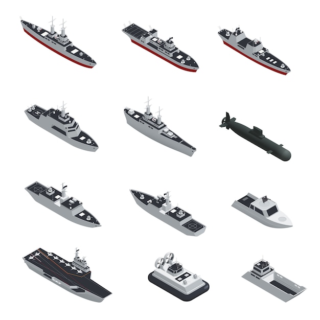 Free Vector dark color military boats isometric isolated icon set 