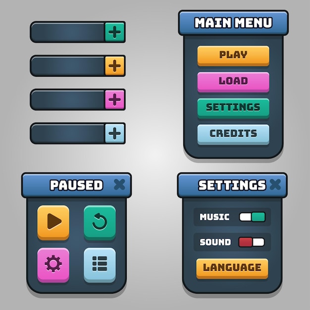 Dark colors Design for Complete set of level button game pop-up, icon, window and elements