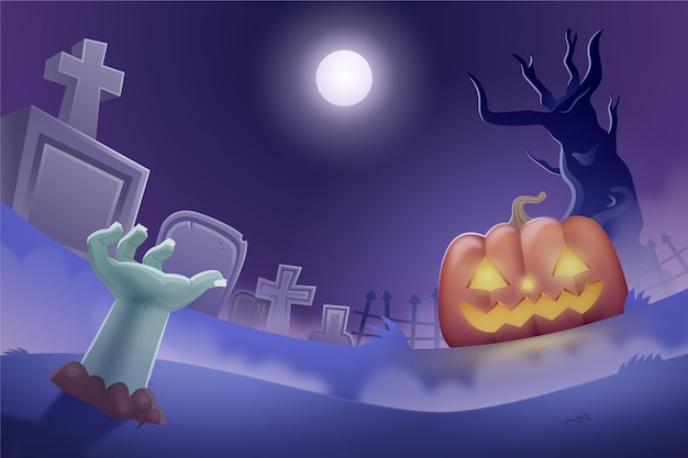 Dark halloween background with cemetery and scary pumpkin