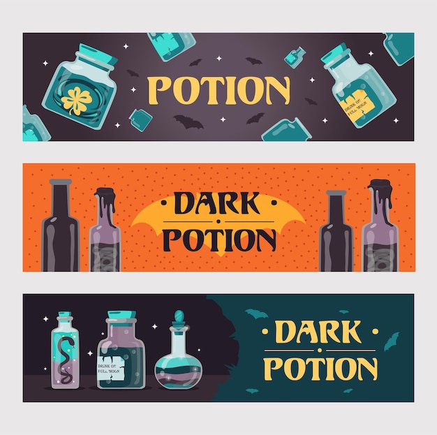 Free Vector dark potion banners set. magic bottles with witchcraft drinks or poisons illustrations with text