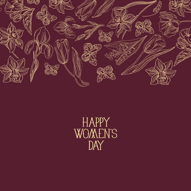 Dark-red design greeting card with many objects around the text about women's day decorated by the flowers vector illustration