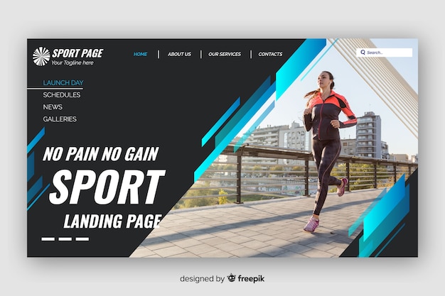 Dark sport landing page with blue lines and photo