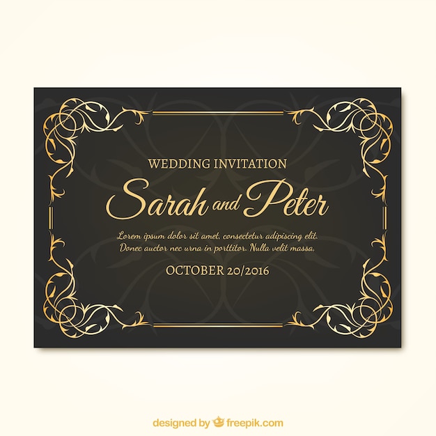 Dark wedding invitation with golden details