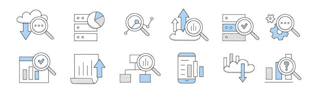 Data analysis doodle icons, line art vector signs