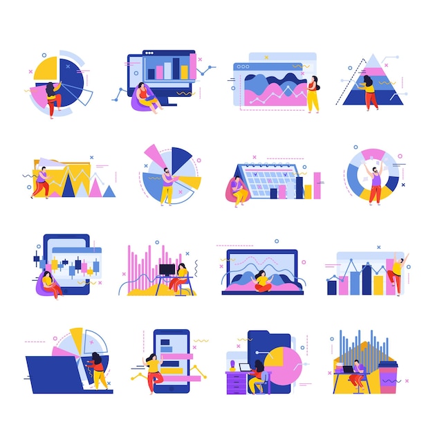 Data analysis flat set of isolated icons of documents people with various graphs and linear charts vector illustration