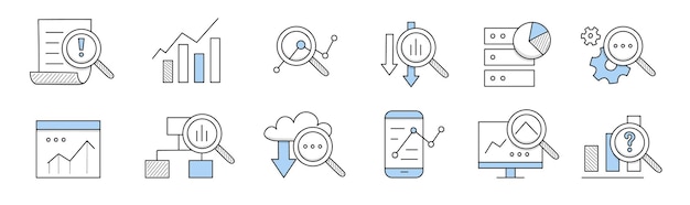 Data analysis icons, research of business, finance or science information. Vector doodle set with charts, diagrams on computer screen, magnifying glass, gear and document