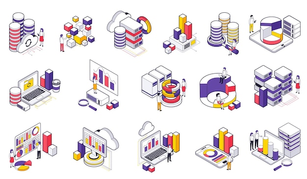 Free vector data analysis isometric icons set illustrated cloud exchange of digital big data by network technologies isolated vector illustration