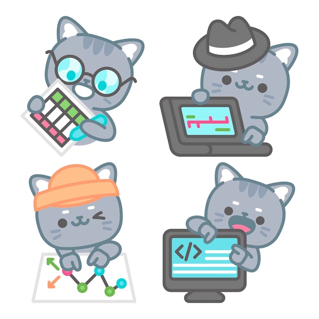 Free Vector data analyst stickers collection with tomomi the cat