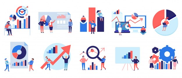 Data analytics tools techniques diagrams graphics symbols presentation analysis strategy colorful flat elements set isolated