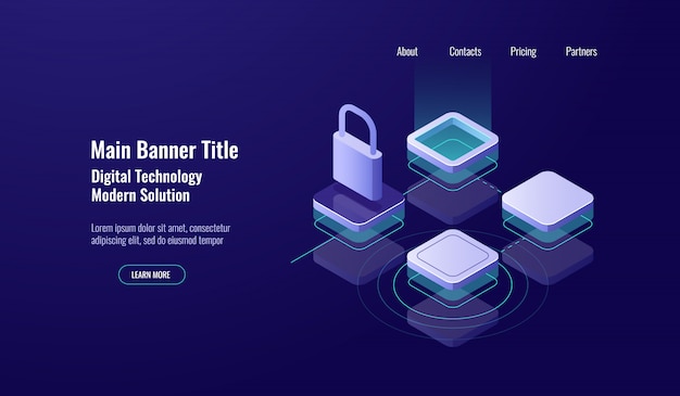 Data center, isometric icon data security concept, lock protection, technology access control