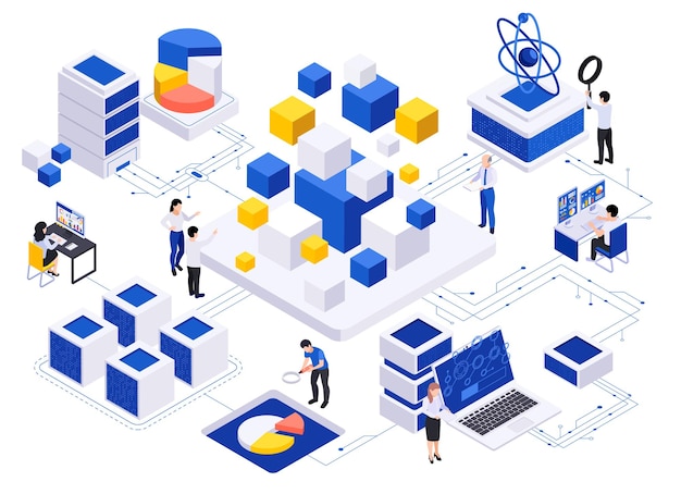 Free vector data economy isometric composition with isolated platforms connected with wires human characters and computer infrastructure elements vector illustration