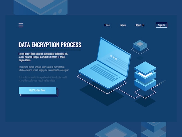 Free vector data encryption process, protection digital information, server room, cloud storage