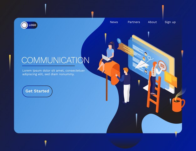 Data and information exchange electronic gadgets devices computers communication interface systems isometric web landing page