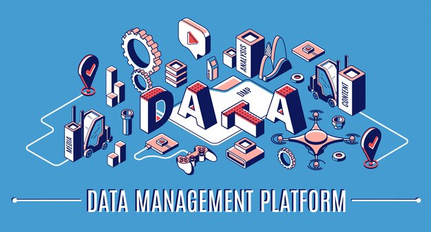 Data management platform, dmp isometric infographic banner, business analytics finance statistics