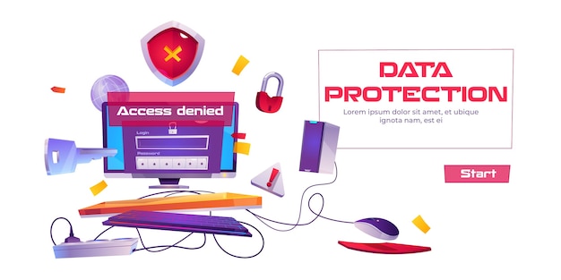 Data protection banner with computer and access denied notification.