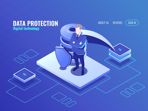 Free Vector data protection concept, the man in the cloak superhero, database isometric icon, shield protected