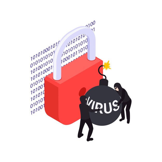 Data protection concept with two hackers trying to explode lock with virus bomb isometric