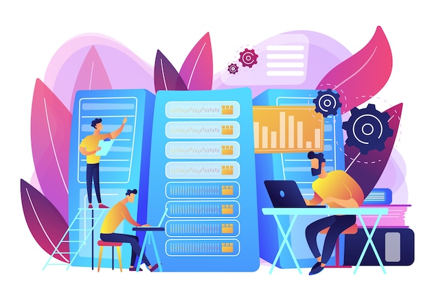 Free vector data scientist, data analytics manager, database developer and administrator working. big data job, database developers, careers in big data concept. bright vibrant violet  isolated illustration