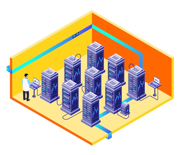 Free vector data storage center cross section concept with it specialist man providing hardware