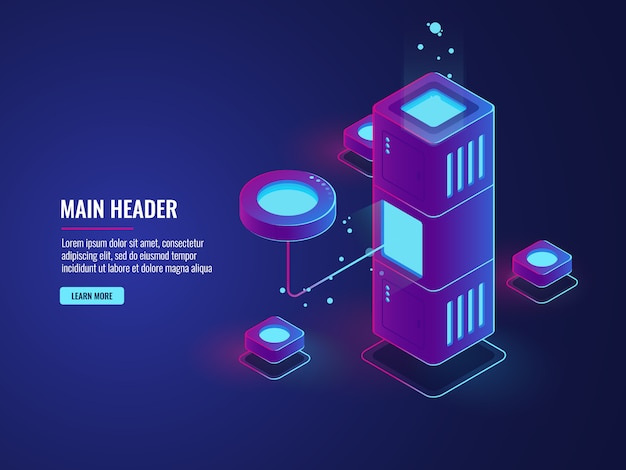 Database and processing data process icon, data center, server room, cloud storage illustration