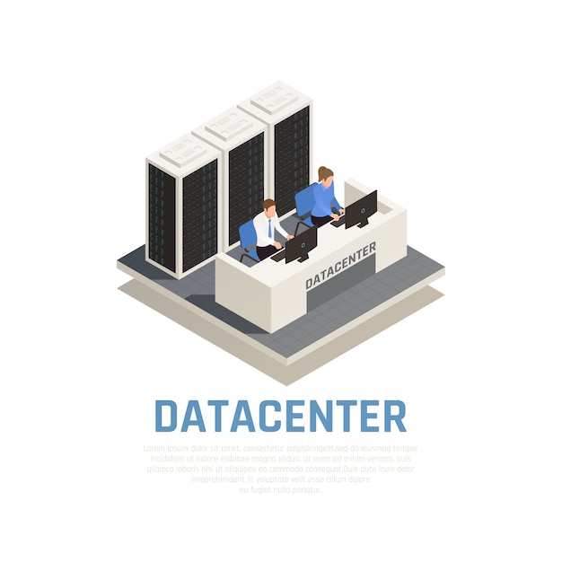 Datacenter concept with connection software and hardware symbols isometric