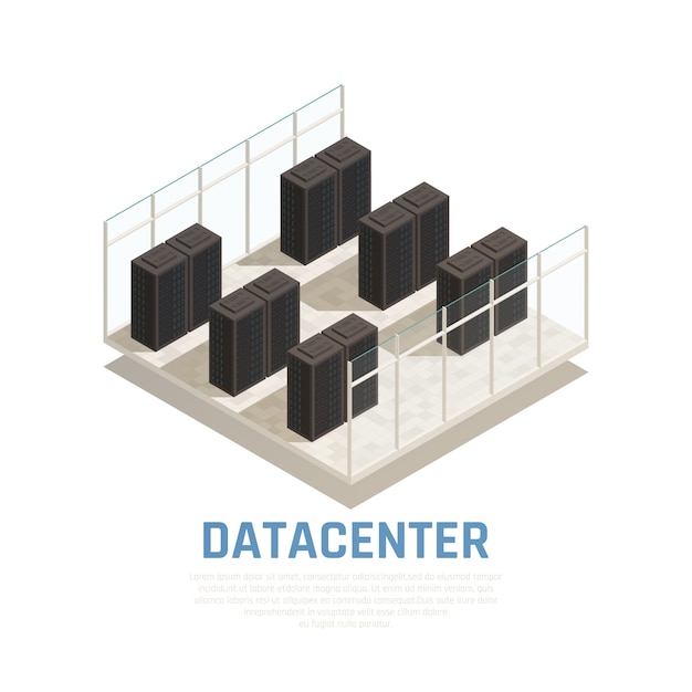 Free Vector datacenter concept with server database and computing symbols isometric