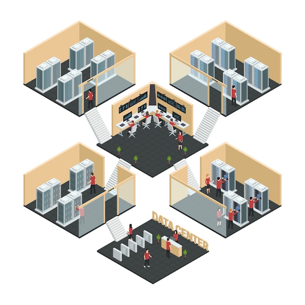 Free Vector datacenter server cloud computing isometric multistore composition 